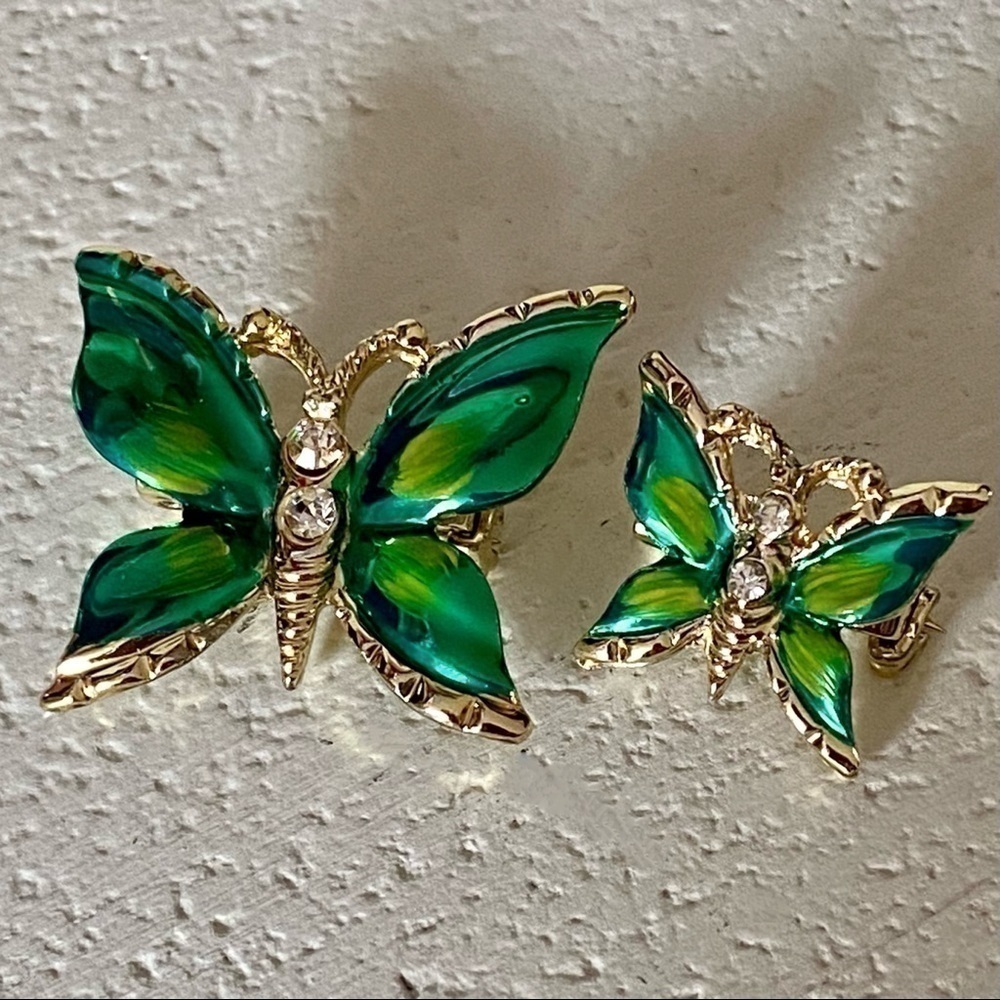 Vintage Green Butterfly Pin Brooches w/ Rhinestones​​​​​​​​​​​​​​​​​​​
